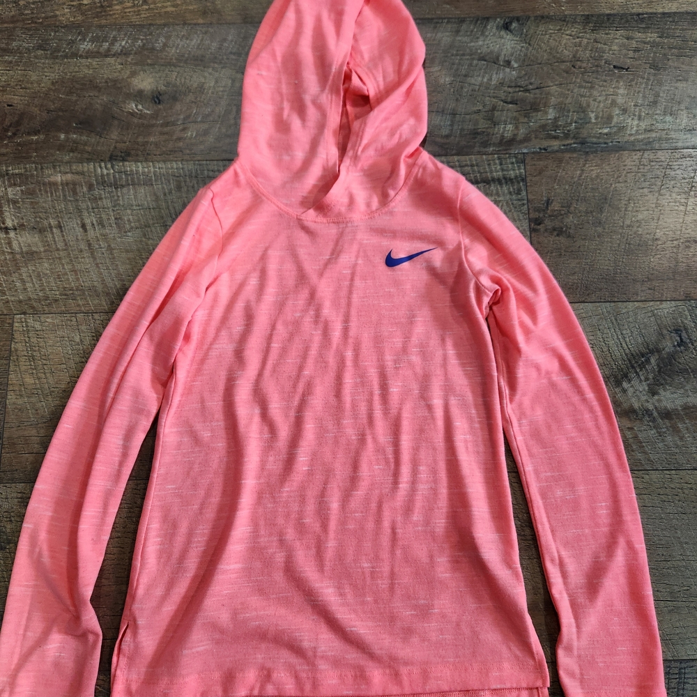 Nike Girls Neon Pink Hooded Shirt with Blue Logo